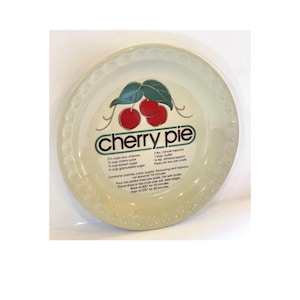 Vintage Cherry Pie Ceramic Pie Plate with Recipe | 10&quot; Baking Dish | Retro Kitchenware | Cottage Farmhouse Kitchen Decor | Vintage Style