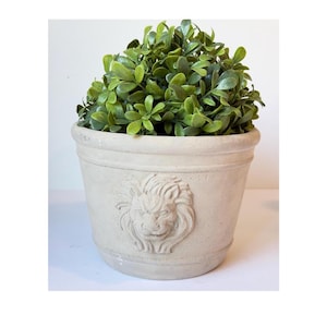 May include: A light beige, tapered planter pot featuring a raised, sculpted lion head relief on the front exterior. The pot contains a dense, rounded cluster of small, vibrant green artificial leaves that extend above the rim of the container.
