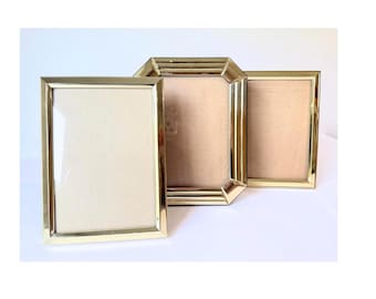 Set of 3 Vintage Brass Picture Frames 5x7 | Gold Metal Photo Frames | Hollywood Regency Gallery Wall Decor | Wedding Display | Velvet Back