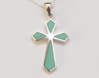 Reconstituted Turquoise Cross Rectangle Stones Sterling Silver, Pendant Only Reconstituted Turquoise Cross Rectangle Stones Sterling Silver, Pendant Only