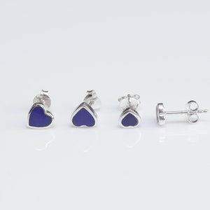 925 Sterling silver heart shaped stud earrings with  natural Lapis Lazuli