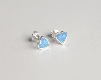 925 Sterling silver heart shaped stud earrings with blue synthetic opal