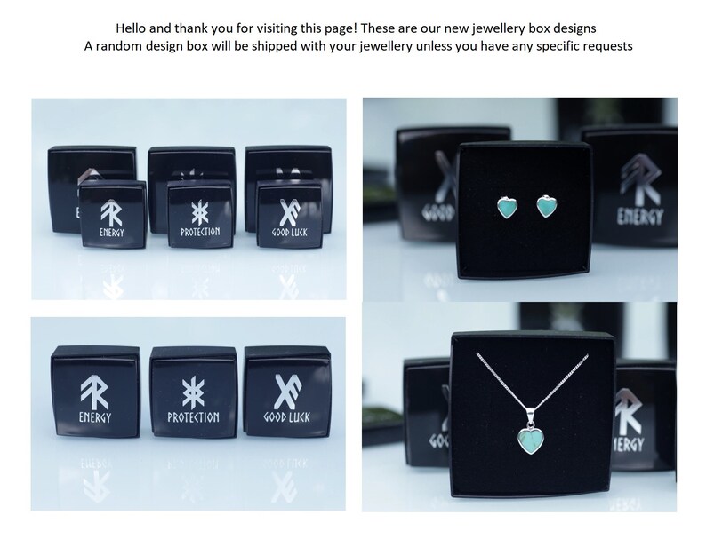 Puede incluir: Cajas de joyer&iacute;a negras con texto blanco que dice "ENERGY", "PROTECTION" y "GOOD LUCK". La imagen tambi&eacute;n muestra un par de pendientes en forma de coraz&oacute;n turquesa y un collar de plata con un colgante de coraz&oacute;n turquesa. El texto dice "&iexcl;Hola y gracias por visitar esta p&aacute;gina!"