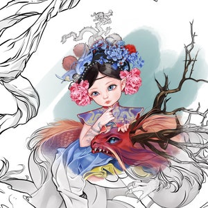 Digital Stamp - fantasy chinese girl with dragon - adult Coloring page - Line Art Premium, instant download- scrapbooking, JPEG