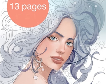 Mermaid bundle 13 pages coloring book, fantasy, fairytale line art, adult coloring, digital stamp, JPEG, instant download