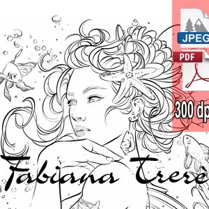 Mermaid princess coloring page, fantasy, fairytale line art, adult coloring, digital stamp, JPEG, instant download