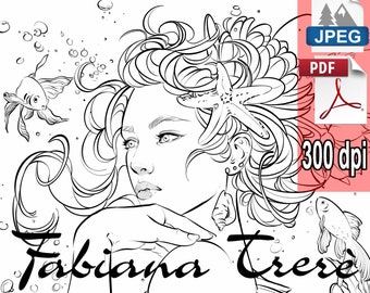 Mermaid princess coloring page, fantasy, fairytale line art, adult coloring, digital stamp, JPEG, instant download