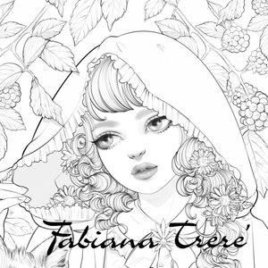 Può includere: Illustrazione in bianco e nero di una ragazza con i capelli lunghi e ricci che indossa un mantello con cappuccio. La ragazza guarda a destra. Lo sfondo presenta una vite con foglie e bacche.