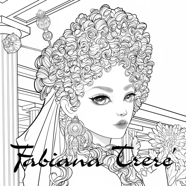 Ancient roman lady, digital stamp, coloring page, line art, historical, Grayscale Coloring Page, Instant Download  JPEG, fantasy, Princess