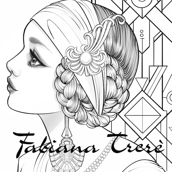 Art deco princess - coloring page - line art - digital stamp - Coloring Page for Adults- grayscale- instant download - profile portrait