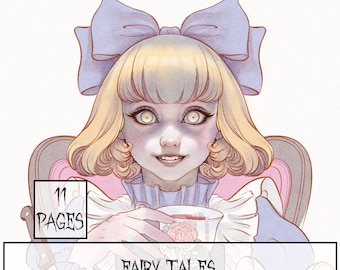 Spooky Fairy Tales of Fear 11-Page Coloring Book, Halloween Line Art, Digital Stamps, Fantasy Design, High Resolution JPEG, Instant Download