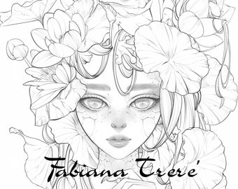 Fantasy Princess, digital stamp, Grayscale flowers loto, frog, adult Coloring page, mermaid, creature lagoon Line Art, instant download