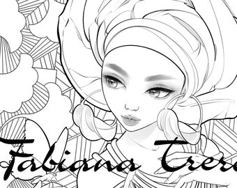 Nigerian African Princess Digital Stamp - Coloring- Line Art Coloring Page for Adults- grayscale- instant download JPEG- fantasy- queen