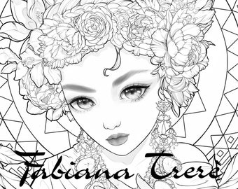 Mexican Princess, digital stamp, coloring page, line art, flowers, Grayscale Coloring Page, Instant Download JPEG, fantasy
