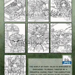 May include: A black and white coloring book featuring fantasy-themed illustrations. The images depict characters and scenes from fairy tales, including a sleeping figure, a beast, and a wolf. The text reads: "The world of fairy tales is shrouded in darkness..."