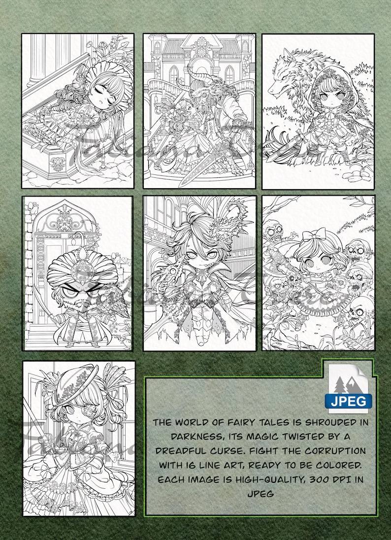 May include: A black and white coloring book featuring fantasy-themed illustrations. The images depict characters and scenes from fairy tales, including a sleeping figure, a beast, and a wolf. The text reads: "The world of fairy tales is shrouded in darkness..."