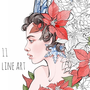 Libro para colorear Mandalas Cristmas, ¡conjunto de 11 páginas para colorear! - 7 mandalas y 4 retratos femeninos, reinas de invierno de fantasía - sello digital -