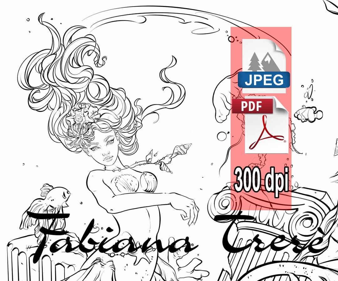 Mermaid Princess Coloring Page, Fantasy, Fairytale Line Art, Adult