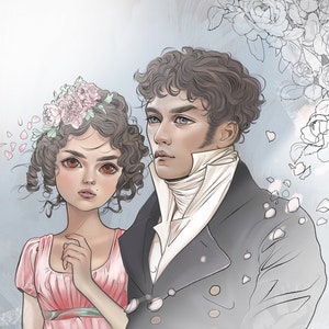 Puede incluir: Una ilustración de retrato de una joven con una corona de flores y un hombre con cabello oscuro. La mujer lleva un vestido rosa y el hombre lleva un traje oscuro con cuello blanco.