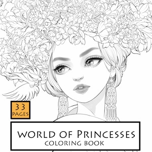World of Princesses coloring book, 33 pages, line art, digital stamp premium, line art, fantasy, JPEG, bundle, instant download Active