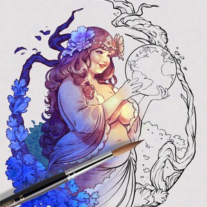 Digital Stamp beautiful curvy Mother Nature, JPEG, line art, coloring, greyscale, goddess Fantasy, adult coloring page, line art, grayscale