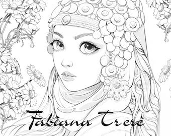 May include: A black and white line drawing of a woman with long hair wearing a traditional headdress with a beaded design. The woman is looking to the side and has a serious expression. The text "Fabiana Trere" is written below the woman's head.