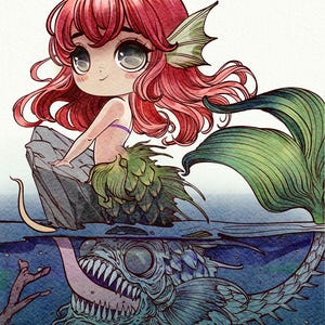May include: Whimsical illustration of a mermaid with red hair and a green tail sitting on a rock above the water. Below, a monstrous fish with sharp teeth lurks. The artwork has a fantasy theme.