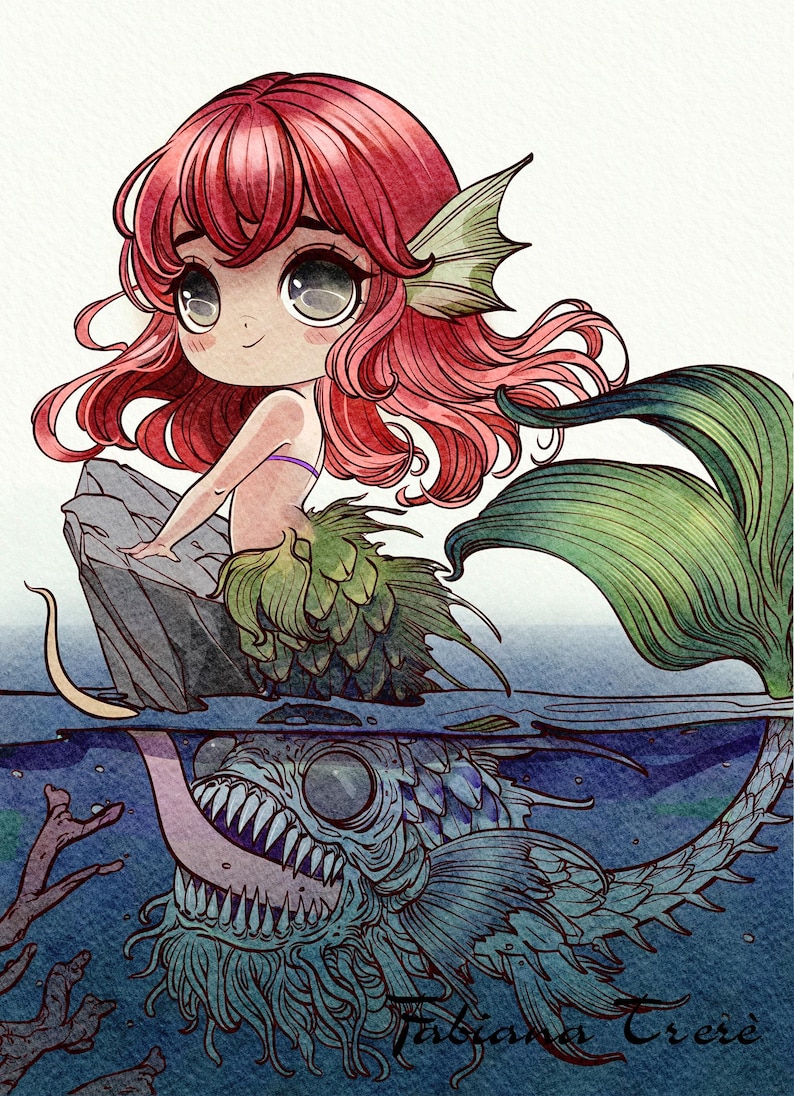 May include: Whimsical illustration of a mermaid with red hair and a green tail sitting on a rock above the water. Below, a monstrous fish with sharp teeth lurks. The artwork has a fantasy theme.