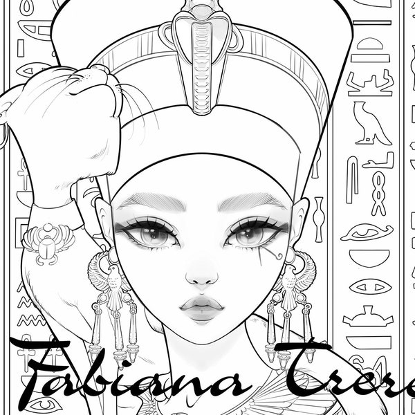 Nefertiti, Queen of Egypt - historical - Digital Stamp - Coloring- Line Art Coloring Page for Adults- grayscale- instant download, princess