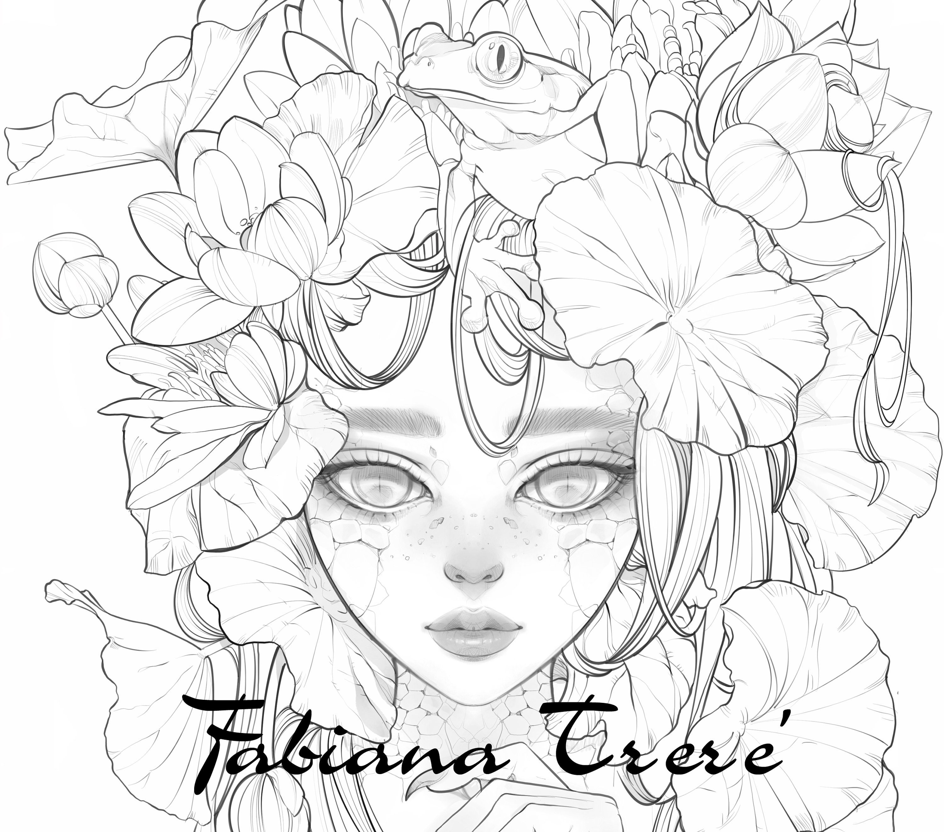 Fantasy Princess, digital stamp, Grayscale flowers loto, frog, adult Coloring page, mermaid, creature lagoon Line Art, instant download