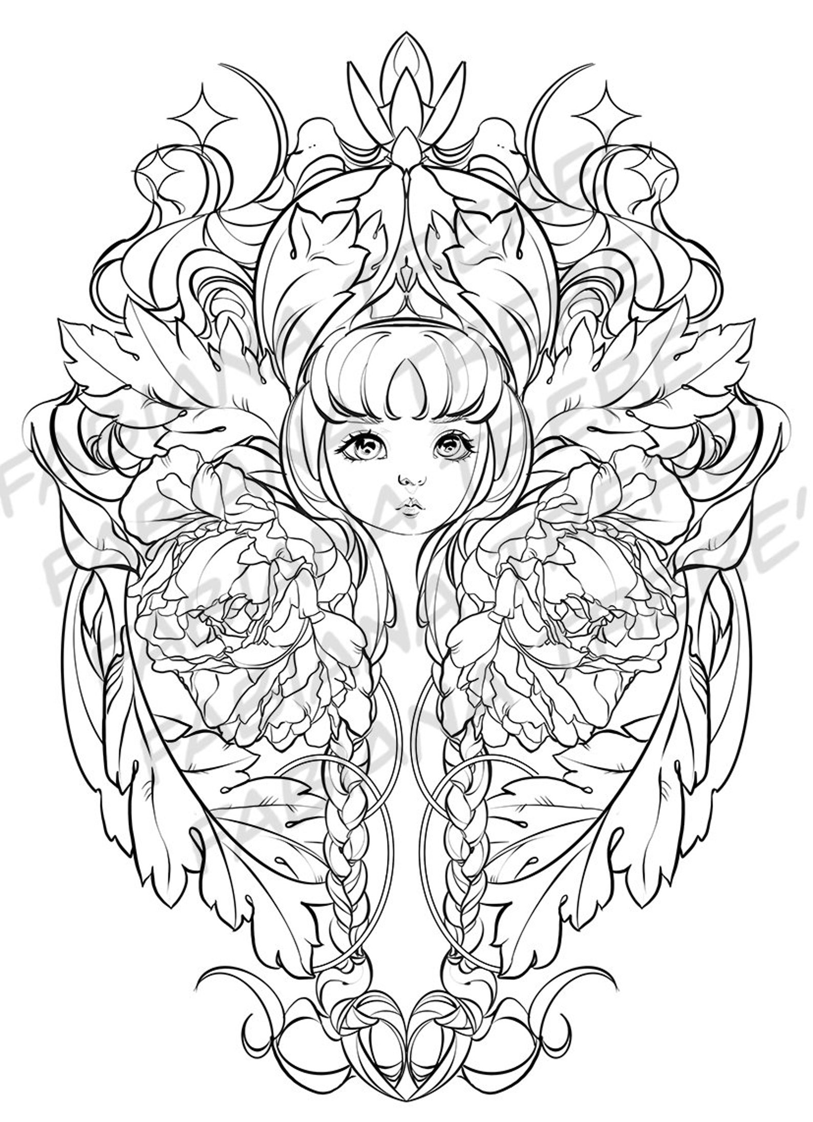 Fantasy Goddess Line Art Digital Stamp Adult Coloring Page Etsy
