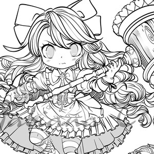 May include: Black and white line art illustration of a manga-style character with long, flowing hair and a large bow. The character is holding a large wooden mallet with heart-shaped details. The character is wearing a dress with heart patterns and striped stockings.