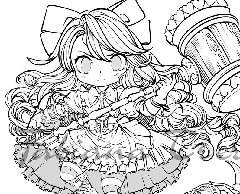 May include: Black and white line art illustration of a manga-style character with long, flowing hair and a large bow. The character is holding a large wooden mallet with heart-shaped details. The character is wearing a dress with heart patterns and striped stockings.