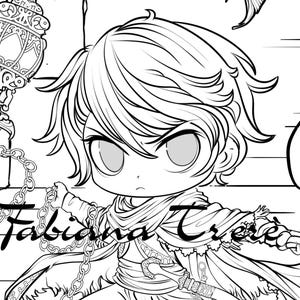 May include: Black and white illustration of a chibi character holding a chain and a sword. The character has large eyes and spiky hair. A decorative lantern is on the left. The name "Fabiana Trese" is written across the image.