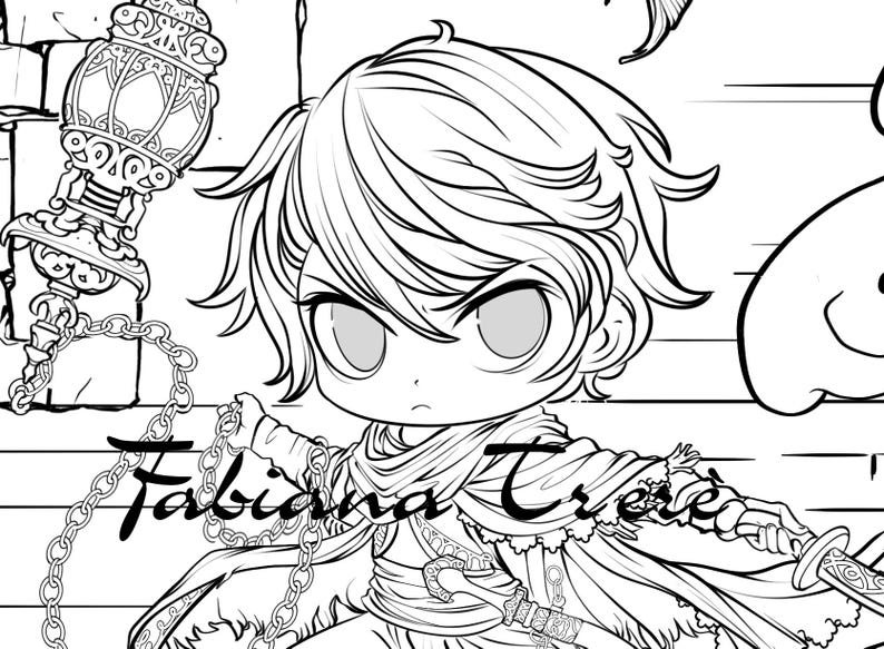 May include: Black and white illustration of a chibi character holding a chain and a sword. The character has large eyes and spiky hair. A decorative lantern is on the left. The name "Fabiana Trese" is written across the image.