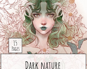 Dark Nature coloring book, 15 pages, line art, digital stamp, fantasy, JPEG, instant download, Halloween Fantasy Design, High Resolution