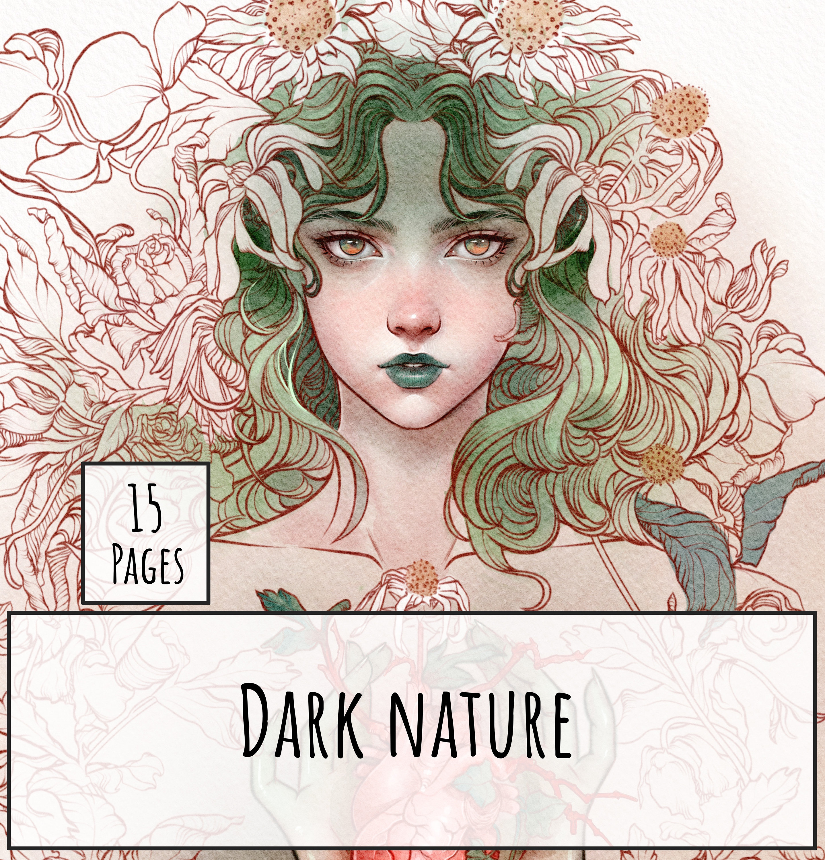 Dark Nature Coloring Book – 15 Pages Line Art Digital Stamps, Fantasy Halloween, High-Res JPEG Instant Download