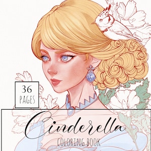 Cinderella Princess, coloring book, 36 pages, line art, digital stamp, fantasy, JPEG, instant download