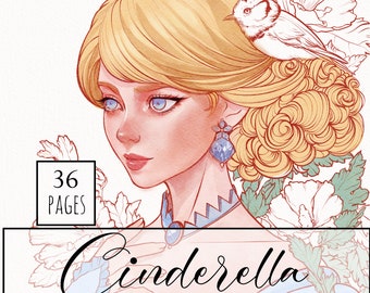 Cinderella Princess, coloring book, 36 pages, line art, digital stamp, fantasy, JPEG, instant download
