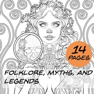 Folklore, Myths, and Legends, horror, halloween coloring book 14 pages premium, line art, digital stamp, fantasy, JPEG, instant download