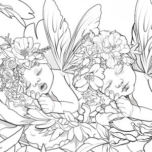 May include: Two sleeping babies with flower crowns and wings, surrounded by flowers. The babies are lying on their sides, with their heads resting on their hands. The flowers are in shades of white and gray.