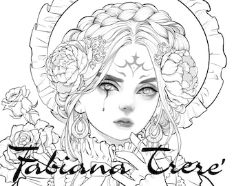 Vampire girl- victorian- Coloring Page for Adults - Digital Stamp - Coloring- Line Art - instant download, Grayscale Coloring- JPEG