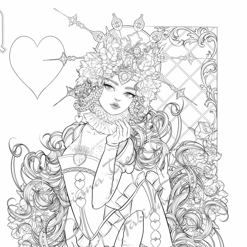 Queen of hearts digital stamp, Grayscale adult Coloring Page, Instant Download, Fantasy, fairytale, line art, playing card, wonderland, JPEG image 2