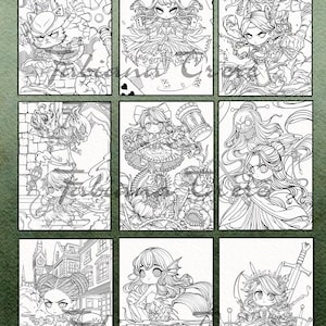 May include: Nine black and white fantasy art prints featuring chibi-style characters. Each print showcases a unique character with intricate details, including a cat-like warrior, a queen, and a mermaid.