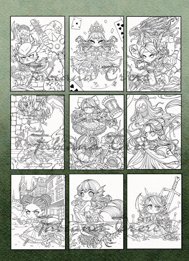 May include: Nine black and white fantasy art prints featuring chibi-style characters. Each print showcases a unique character with intricate details, including a cat-like warrior, a queen, and a mermaid.