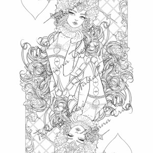 Queen of hearts digital stamp, Grayscale adult Coloring Page, Instant Download, Fantasy, fairytale, line art, playing card, wonderland, JPEG image 3