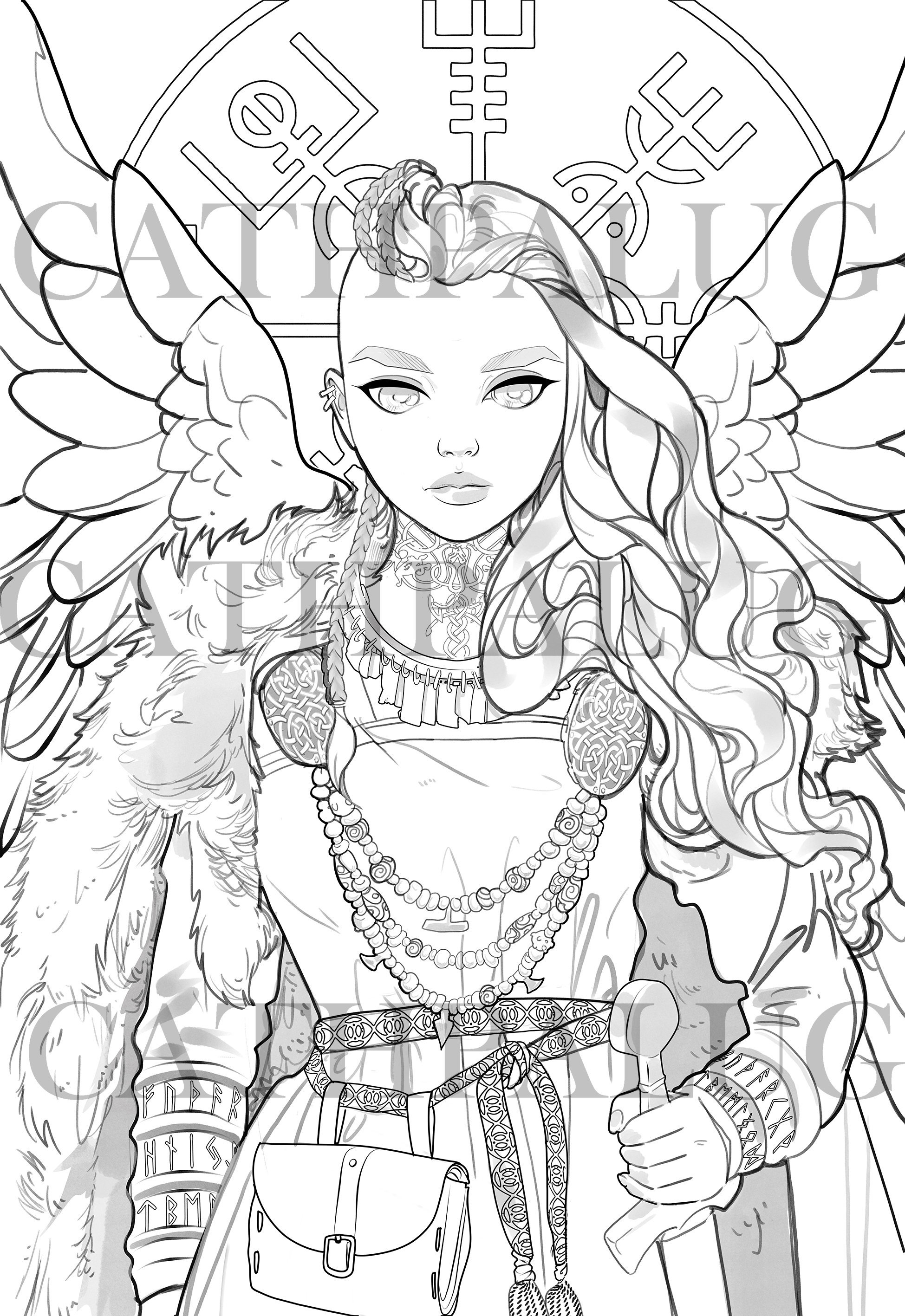 Digital Stamp - Frigg / Freya Goddess Norse mythology - Queen - Coloring Book - Line Art - Valkyrie adult coloring page