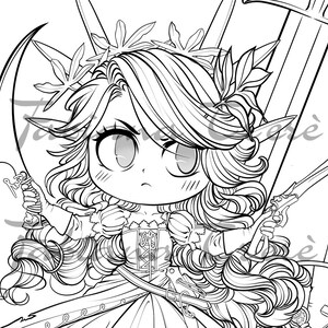 May include: Black and white illustration of a chibi-style fantasy character with long, curly hair and pointed ears. The character is holding a curved sword and a pistol, surrounded by other weapons. The character is wearing a dress and a crown.