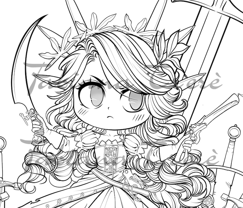 May include: Black and white illustration of a chibi-style fantasy character with long, curly hair and pointed ears. The character is holding a curved sword and a pistol, surrounded by other weapons. The character is wearing a dress and a crown.