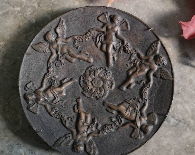 Antique Cast Iron Wall Plaque With Angels, Rustic Decor Above the Fire